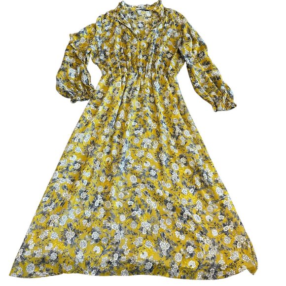 Zara Yellow Floral Print Dress Long Sleeve Defined Waist Stretch Size Medium - Picture 1 of 12